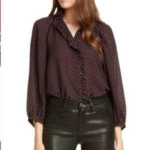 FRAME Grace Heart Print Ruffle Trim Silk Top
